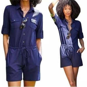J Mclaughlin Westport Romper Jacquard‎ Textured Button Front Navy Sz S